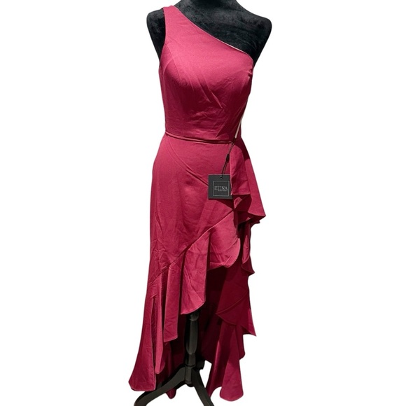 One-Shoulder Ruffle gown Burgundy Ieena for Mac Duggal Size 2 NWT - Picture 3 of 11